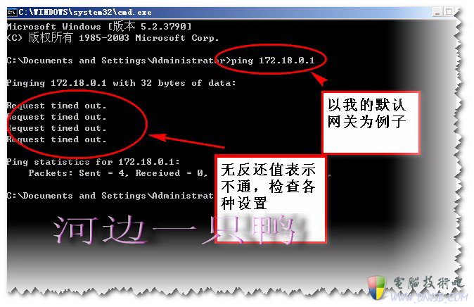 ping默認網關來判斷本機到路由之間是否正常。