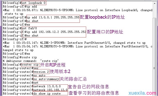 R4路由器上面的配置。端口配置以及RIP的配置和查看