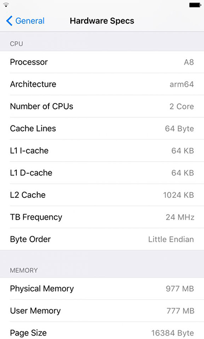 iPhone6s越獄後查看硬件規格方法