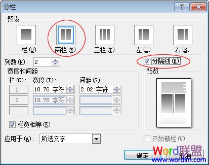 選擇兩欄和分隔線