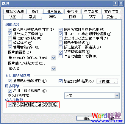 “輸入法控制處於活動狀態”勾選