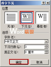 在對話框中進行首字下沉設置