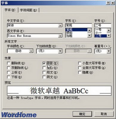 Word2007陰影等字體效果的設置