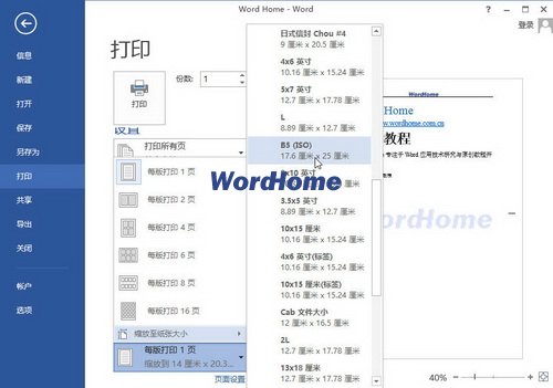 選擇縮放打印的紙張類型