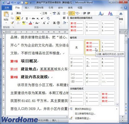 Word2010中定義編號格式