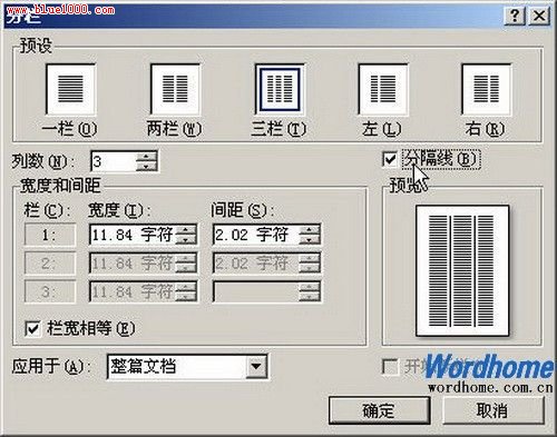 Word 2007分欄對話框中自定義分欄