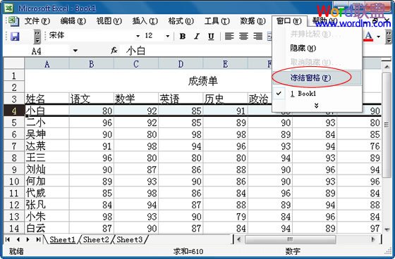 Excel 2003固定表頭設置