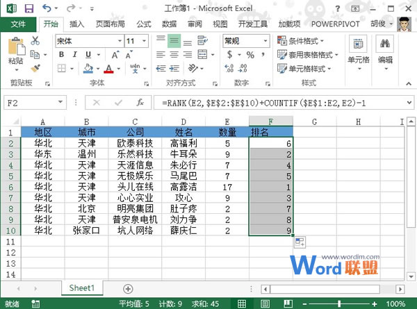 Excel2013中對不並列的數據進行排名