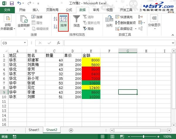 把Excel 2013表格按照單元格顏色進行排序 三聯