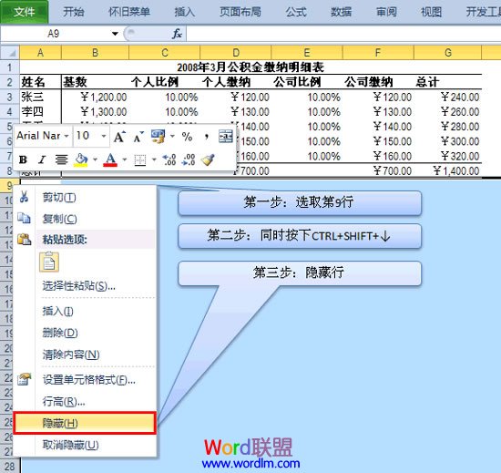 Excel2010隱藏行和列單元格方法