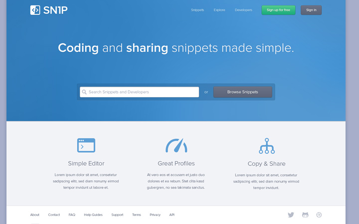 snip coding website homepage snippets search