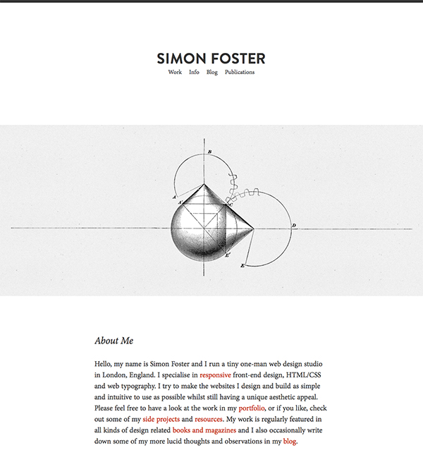 Simon Foster's website is very minimalist in style, with content clear throughout the website.