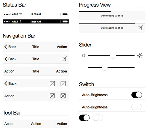 iOS 7 Wireframe Kit by Blake Perdue in 50 Free Wireframe Kits and Web Apps