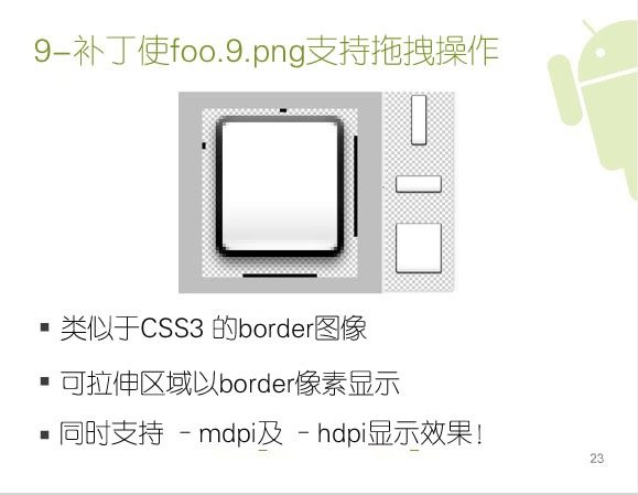  9-補丁使foo.9.png支持拖拽操作：類似於CSS3 的border圖像、可拉伸區域以border像素顯示、同時支持 –mdpi及 –hdpi顯示效果！