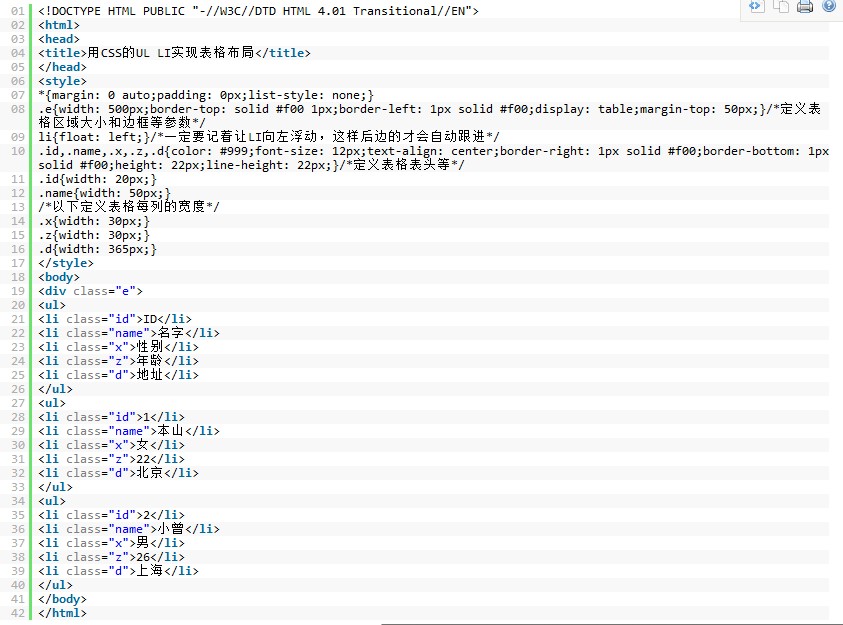 CSS UL LI布局實現表格效果  三聯