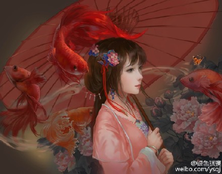 ps繪畫《夢鯉》中國風古風美女人像 三聯