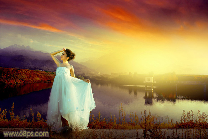 Photoshop給水塘邊的美女加上唯美的晨曦陽光色 三聯