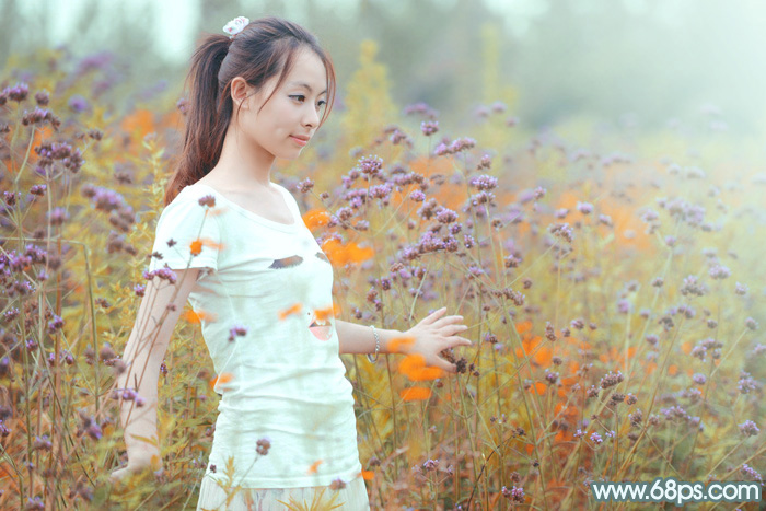 Photoshop給花中的美女加上甜美的秋季淡黃色 三聯