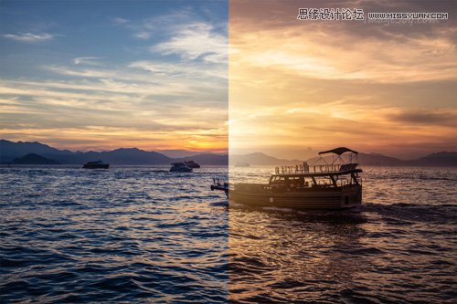 Photoshop調出海面漁船照片唯美的黃昏效果 三聯
