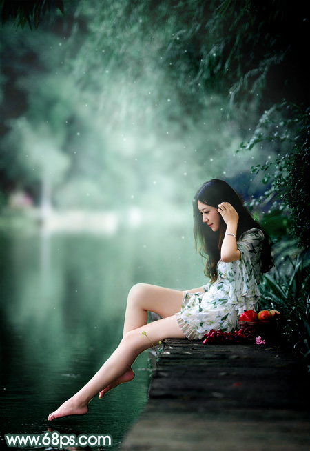 Photoshop給湖邊的美女加上童話中的夢幻青色調 三聯