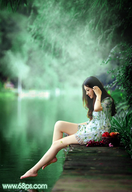 Photoshop打造夢幻的青綠色湖景美女圖片 三聯