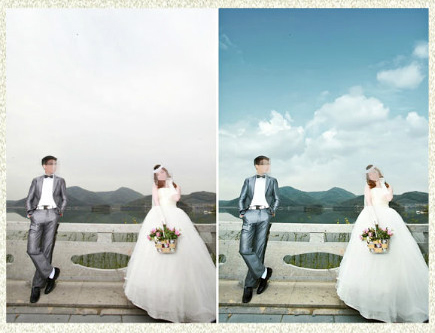 PS給婚紗照片添加天空素材影樓後期調色教程 三聯