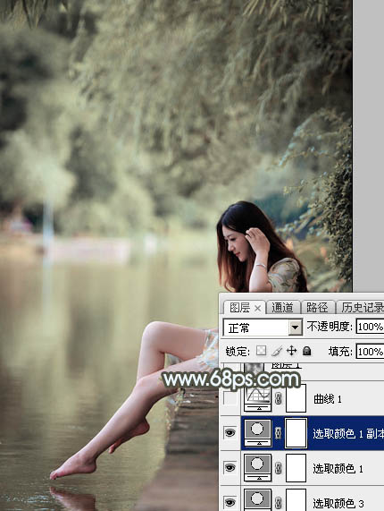 Photoshop給樹蔭下的美女加上唯美的中性淡藍色