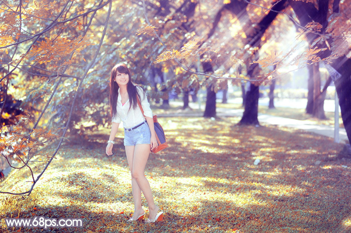 Photoshop打造唯美陽光下的秋季樹林美女圖片 三聯