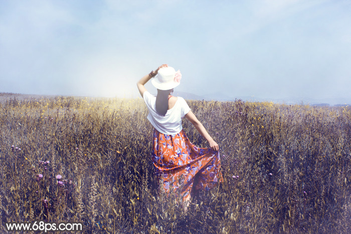 Photoshop給荒草中的美女加上漂亮的韓系藍褐色 三聯