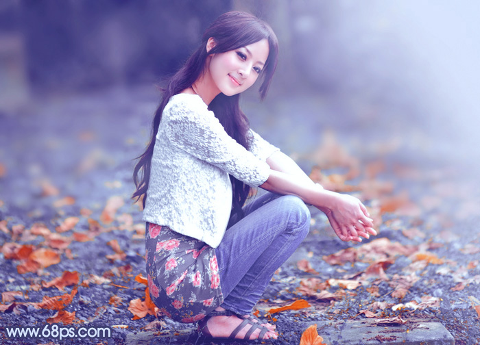 Photoshop打造甜美的深秋暗藍色外景美女圖片 三聯