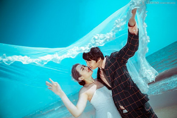Photoshop調出外景婚片時尚藍色調 三聯