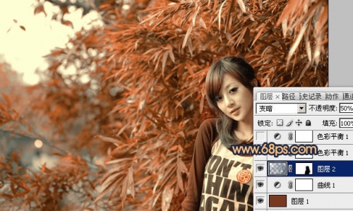 Photoshop調出竹林美女圖片甜美的橙紅色