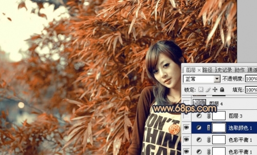 Photoshop調出竹林美女圖片甜美的橙紅色