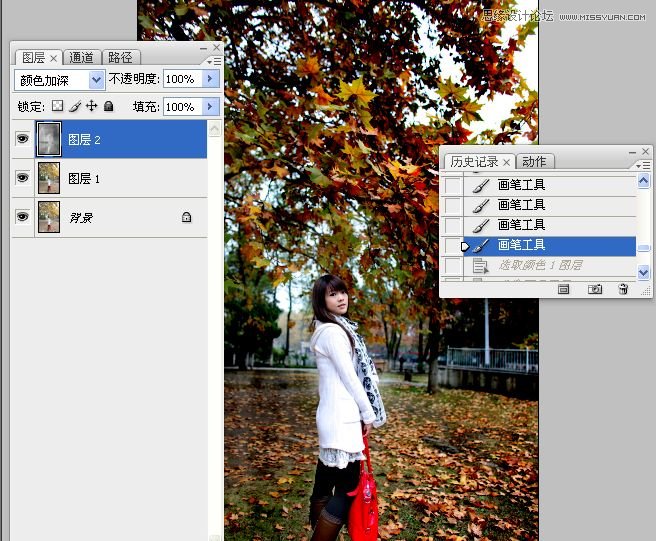 Photoshop調出公園下美女秋季金黃色調,三聯