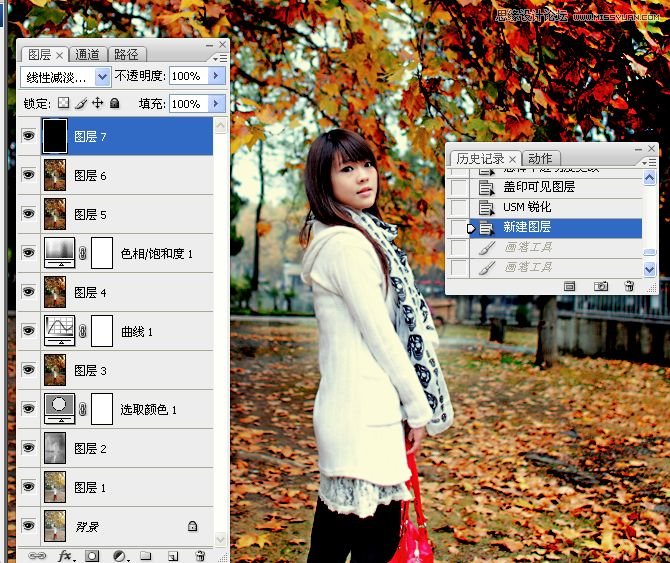 Photoshop調出公園下美女秋季金黃色調,三聯