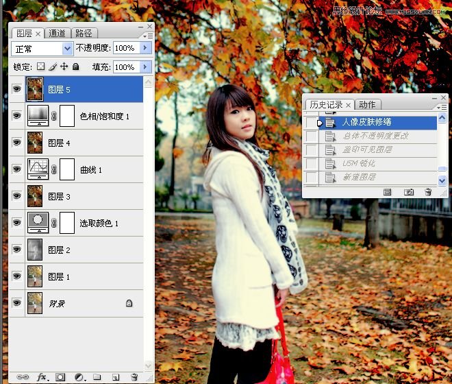 Photoshop調出公園下美女秋季金黃色調,三聯