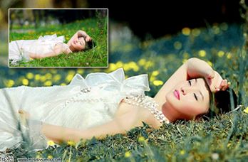 PhotoShop為草地上的美女調出淡藍色調  三聯教程
