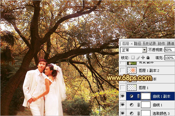 Photoshop調出樹林婚片溫馨的橙褐色 數碼後期教程