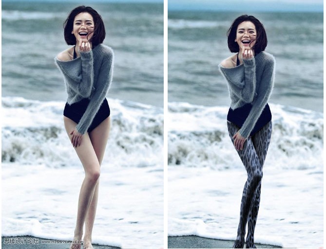 Photoshop給海邊美女腿部添加豹紋圖案教程