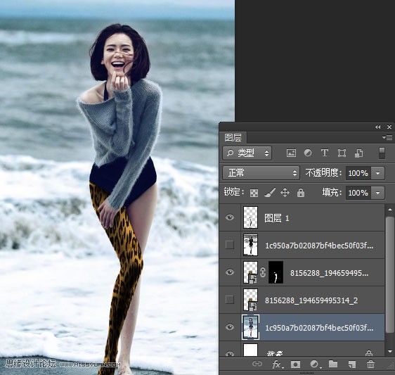 Photoshop給海邊美女腿部添加豹紋圖案教程