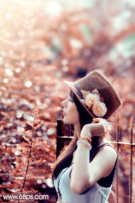Photoshop給綠樹邊的美女加上濃烈的秋季陽光色 三聯