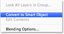 Selecting the Convert to Smart Object command from the Layers panel menu. Image © 2013 Photoshop Essentials.com