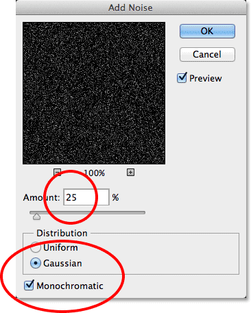 The Add Noise filter dialog box in Photoshop CS6. Image © 2013 Photoshop Essentials.com