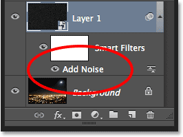 The Layers panel showing the Add Noise Smart Filter. Image © 2013 Photoshop Essentials.com