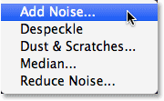 Selecting the Add Noise filter from the Filter menu. Image © 2013 Photoshop Essentials.com