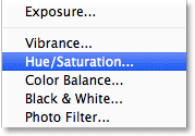 Adding a Hue/Saturation adjustment layer in Photoshop. Image © 2013 Photoshop Essentials.com