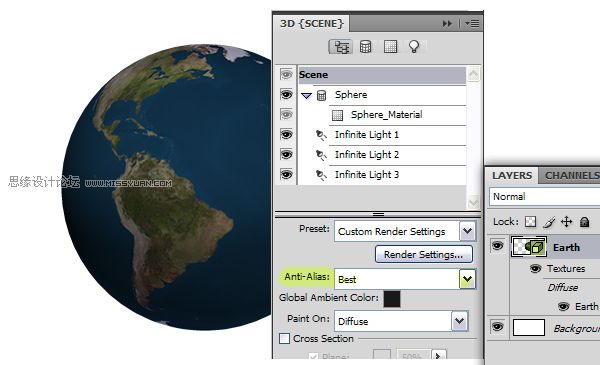 Photoshop3D圖層來制作一個真實的地球,PS教程,思緣教程網