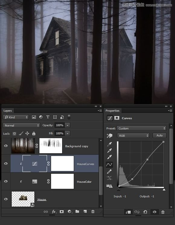 Photoshop合成森林中暗夜風格的小木屋,PS教程,素材中國