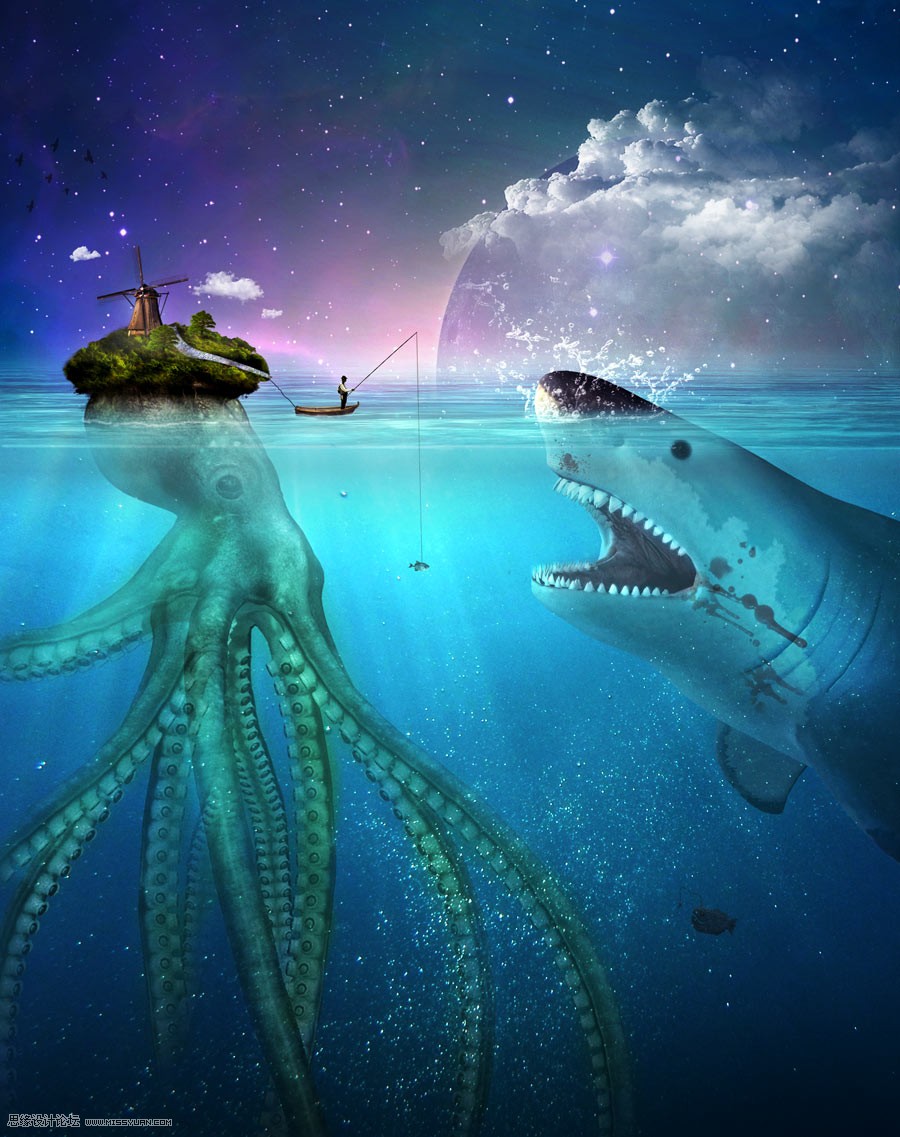 Photoshop合成章魚島漁夫出海釣鲨魚教程 三聯