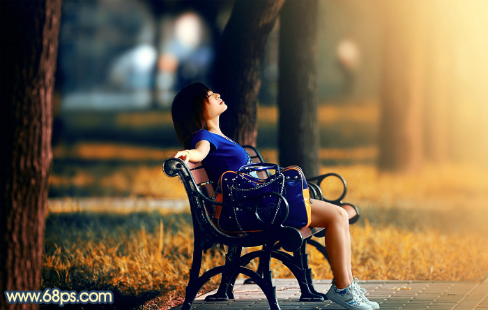Photoshop給公園長椅上的美女加上唯美的晨曦暖色 三聯